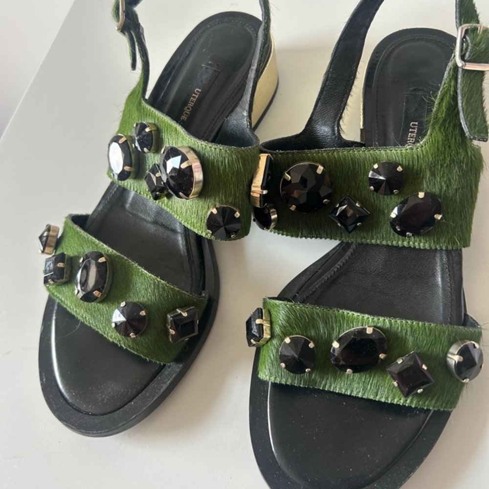Green cow hair sandals with rhinestone